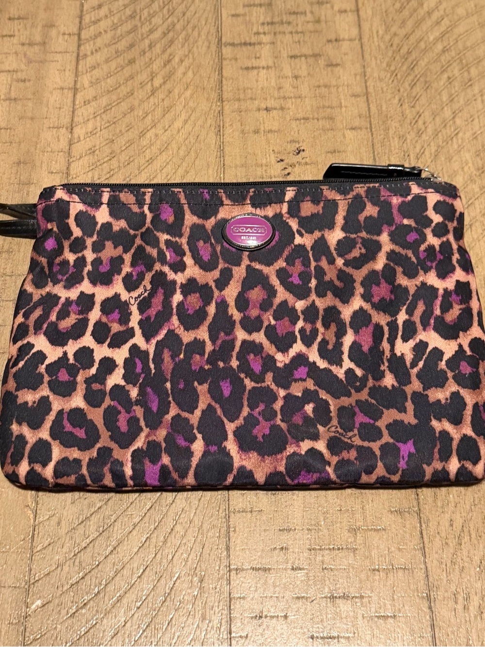 COACH Leopard Nylon Pouch Black Purple Small Zip Cosmetic Bag 18x12x7cm